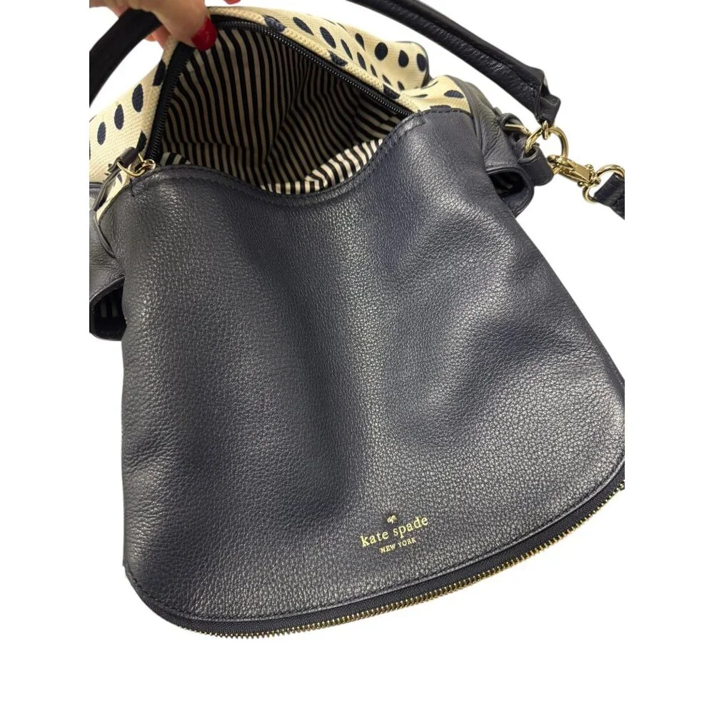 Kate‎ Spade Leather & Canvas Navy Blue And Cream White Polka Dot Shoulder Bag